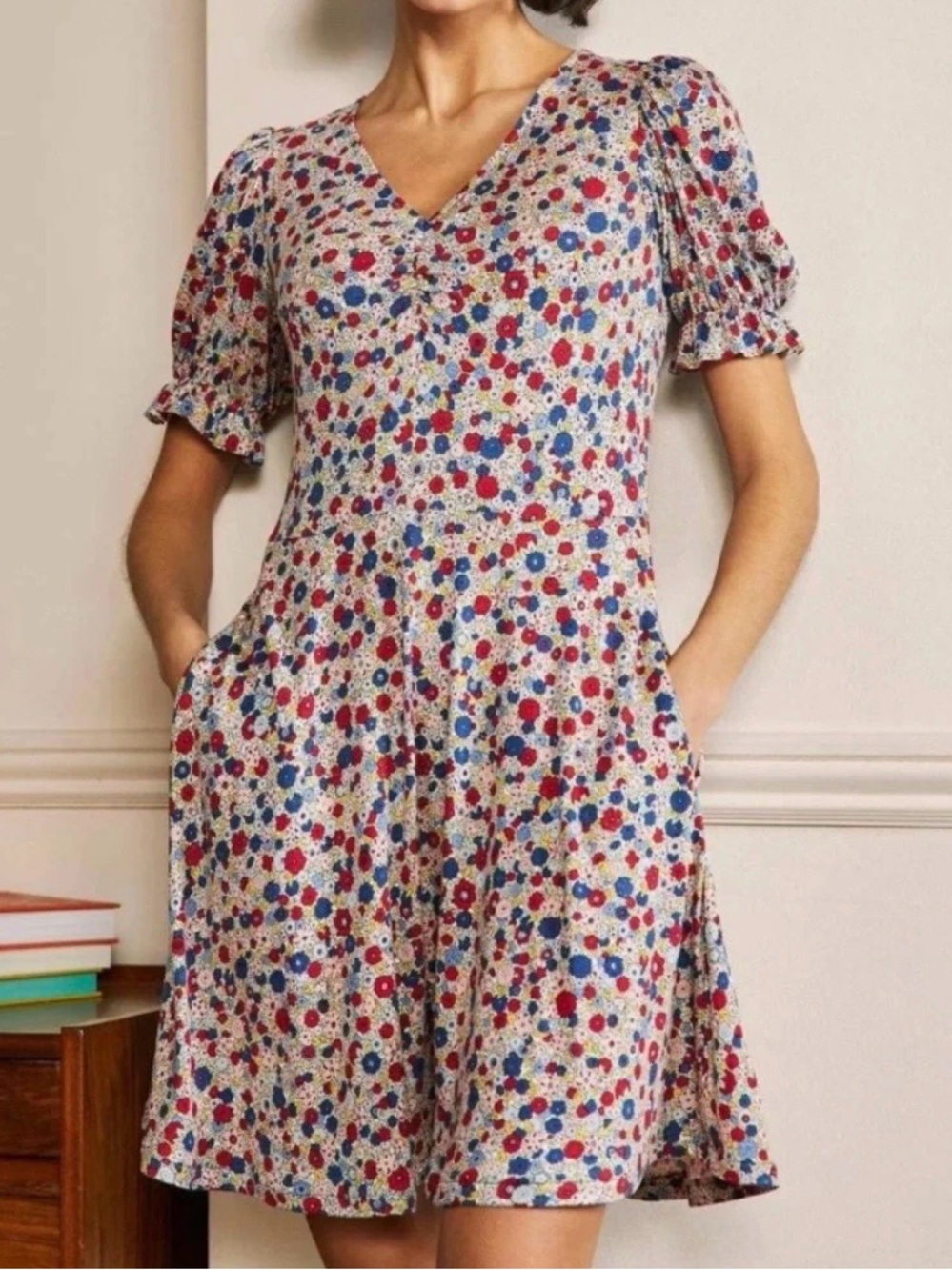 Boden V-Neck Midi Dress in Cream with Red & Blue Dots